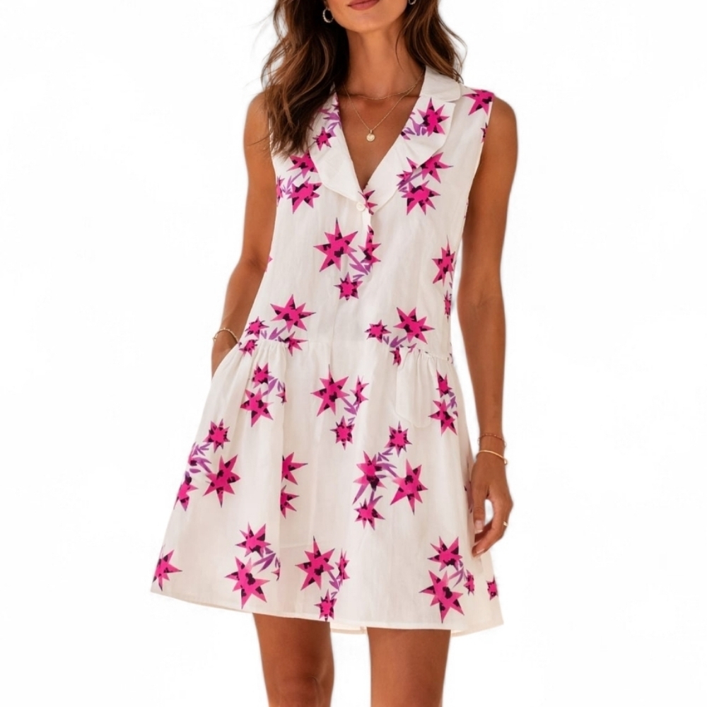 Miu Miu '06 Runway Silk Dress Pink Star Print Ruffle V-Neck 42 Italian or 4-6 US